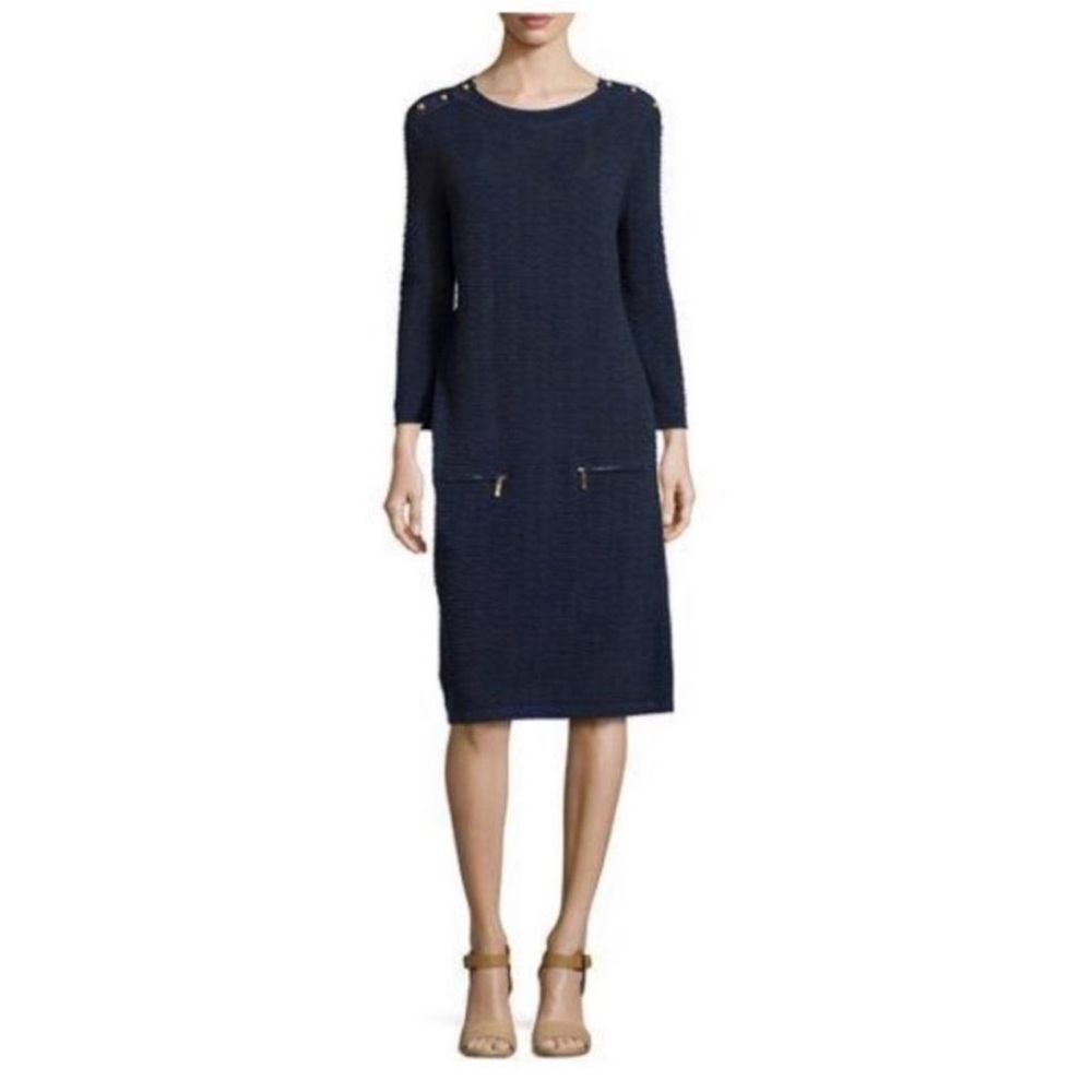 Joan Vass Sand Stitched Zip Pocket Shift Dress Black NWT